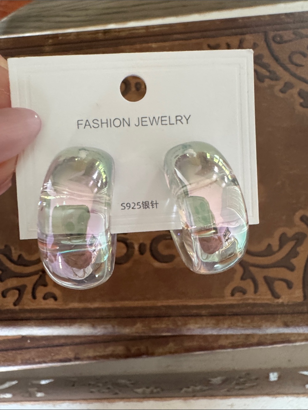 Unique clear Iridescent solid Hoop Earrings -